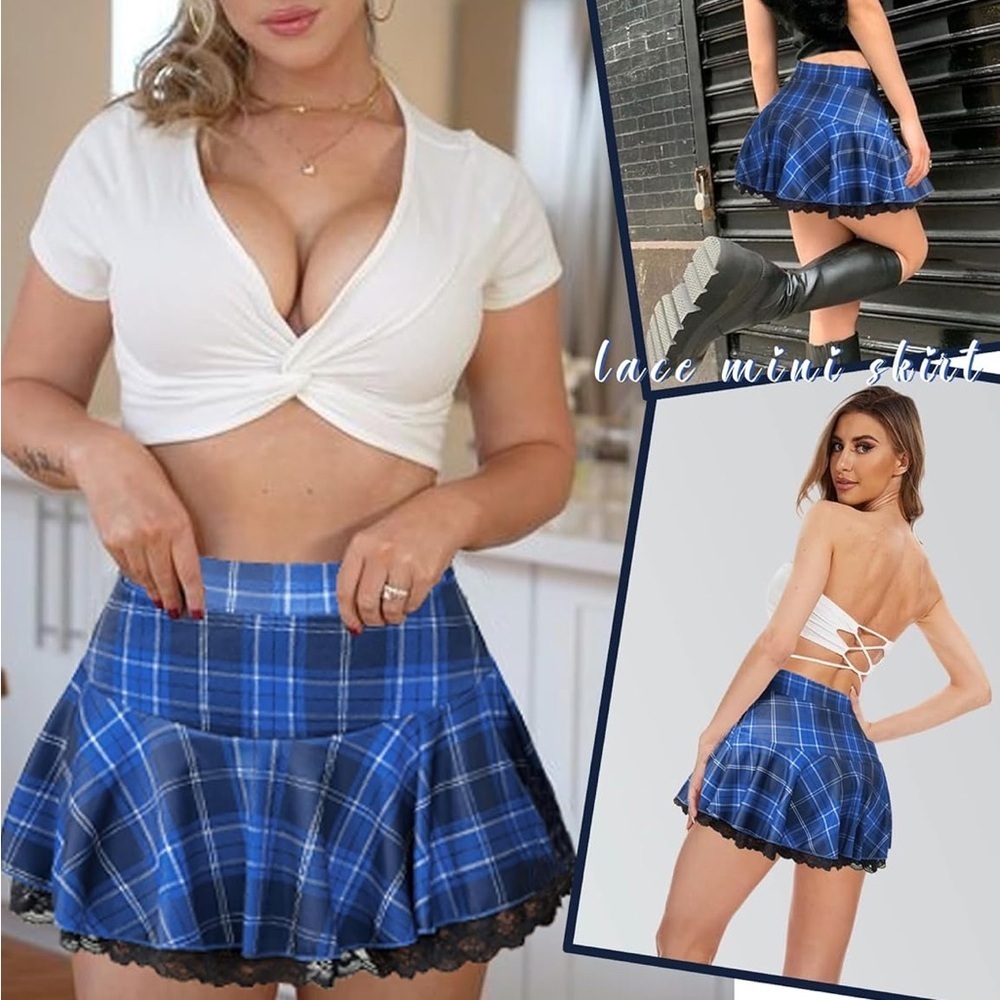 NWT Avidlove Blue Plaid Lace Mini Skirt
